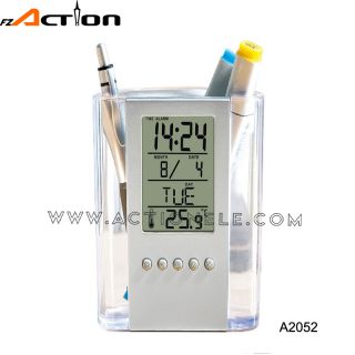 Penholder digital clock with temperature and date