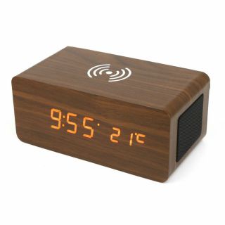 AN0300BT Wireless Charging Bluetooth Speaker Wooden Clock